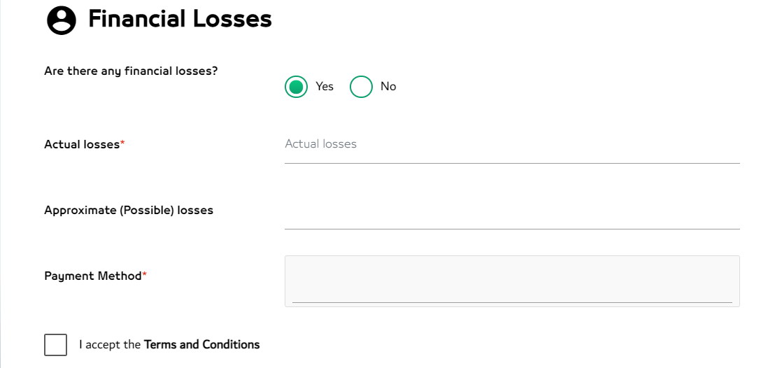 Financial loss section in Dubai Ecrime complaint