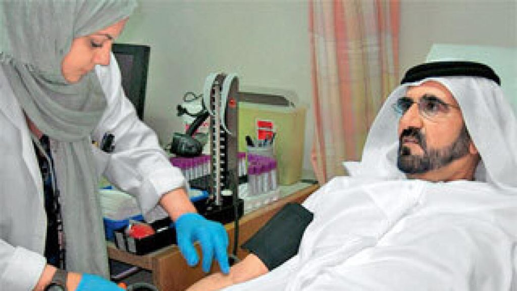 Dubai Ruler Rashid Al Maktoum donating blood in UAE